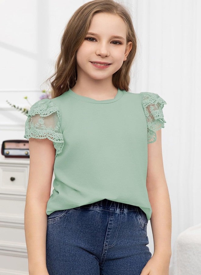 blibean Junior Girl Shirts Youth Kid Girls Blouse Summer Short Sleeve Flowy Dress Tops Fashion Casual Dressy Clothes Fancy Solid Blouse Size 8-9 Year Old Light Green - Image 4